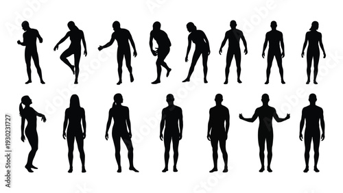 A group of black silhouettes of people in various poses isolated on white background, Vector