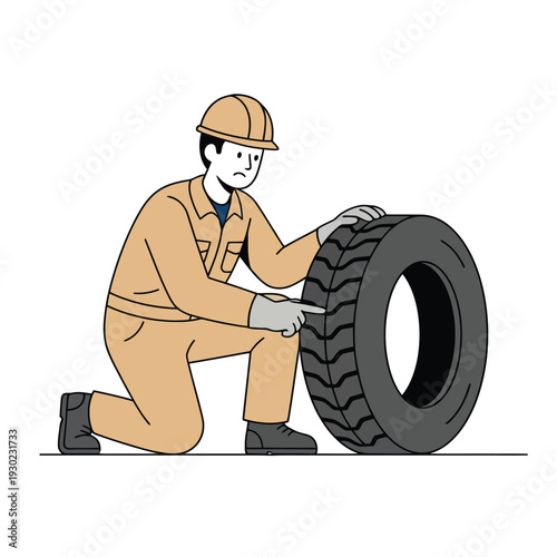 Concerned mechanic in uniform pointing at car tire, auto repair, vehicle maintenance, workshop, flat vector illustration