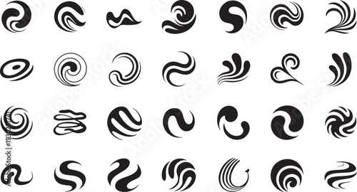 Black and white set of swirl spiral curl twist turn