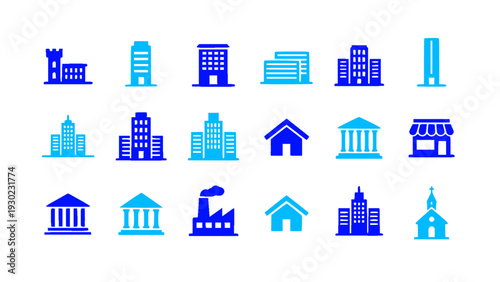 Professional real estate and architecture icon collection in blue flat style. Features houses, apartments, commercial buildings, and city landmarks.