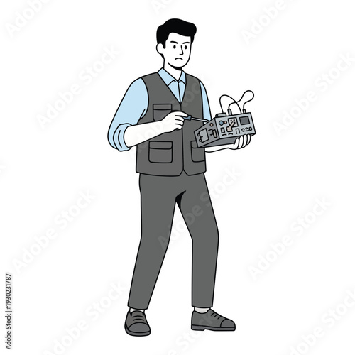 Worried technician with screwdriver inspecting electronic device, intricate wiring and circuits, tech repair, flat illustration