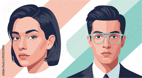 Modern vector illustration showcasing diverse young adult faces, a woman with short dark hair and a man in a suit with glasses, against a contemporary pastel background, ideal for profile pictures or