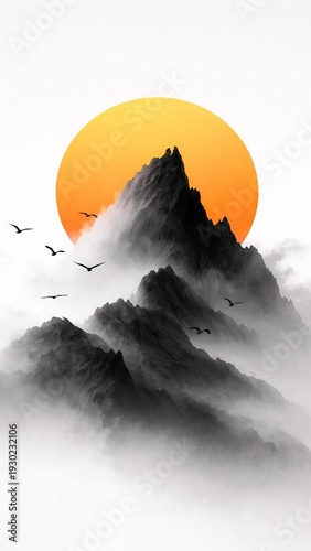 Minimalist Mountain Silhouette with Rising Sun
