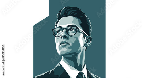 Stylized vector portrait of a thoughtful young businessman in glasses, looking upwards with a determined and hopeful expression.