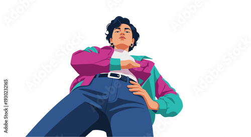 Dynamic low-angle digital illustration of a confident young woman in a retro 90s style jacket and jeans, exuding empowerment and individuality.