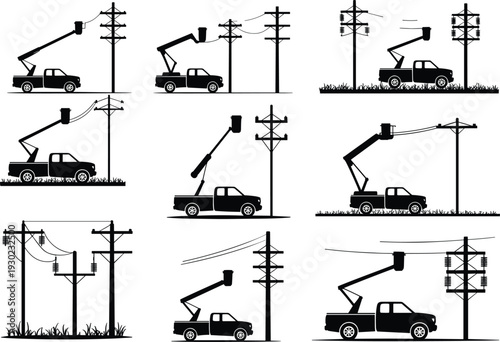 Vintage black and white locomotive train engine on railway tracks with power lines and trees in a stylized monochrome vector illustration for transport design