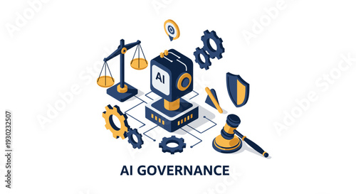 Isometric vector illustration depicting AI governance, ethical artificial intelligence, and regulatory frameworks for technology development and implementation.