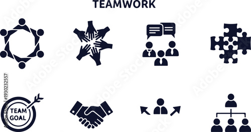 Collection of teamwork icons depicting collaboration communication and goal achievement concepts on transparent background