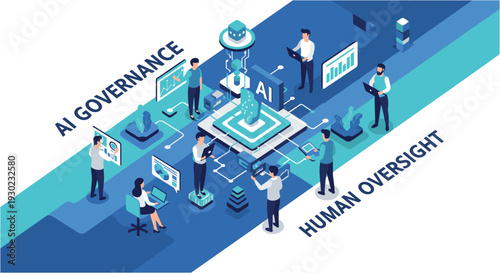 Illustrative depiction of professionals collaboratively managing artificial intelligence governance and human oversight within a complex technological framework.