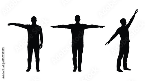 Three black silhouettes of people with arms outstretched in different positions. isolated on white background, Vector