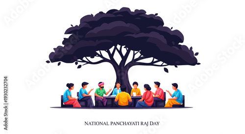 Illustration of diverse people sitting under a tree celebrating National Panchayati Raj Day with vibrant colors and grassroots democracy theme.