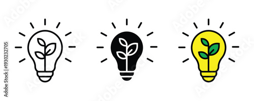Light bulb with plant sprout icon set. Green energy, eco-friendly idea, and sustainable innovation symbol for environmental and renewable concept design. Vector Illustration.