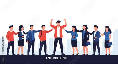 Diverse group of young people standing together in unity, supporting a central figure against bullying, promoting peace and strength.