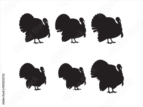 Set of silhouette turkey in various poses flat vector illustration,  Turkey icon logo