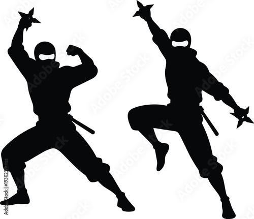 Two Black Silhouette Ninjas with Shuriken on White Background silhouettes