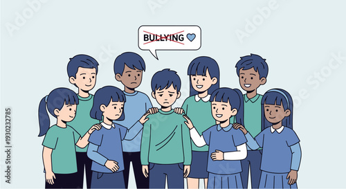 A group of empathetic children surrounds a sad boy, offering support and comfort, symbolizing the collective effort to stop bullying and promote kindness.