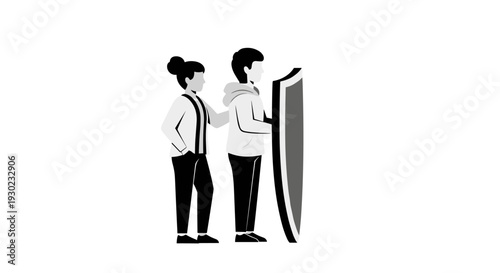 A supportive person offering protection and security to another individual with a shield, symbolizing care and defense in a minimalist black and white illustration.
