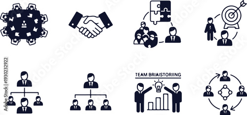 Set of business teamwork and organizational structure icons featuring collaboration handshake brainstorming hierarchy and goal achievement concepts