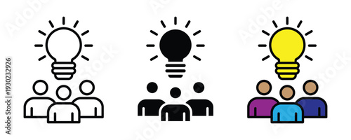 Group of people with glowing light bulb icon set. Creative brainstorming, team innovation, and collective idea generation symbol for business and education design. Vector Illustration.