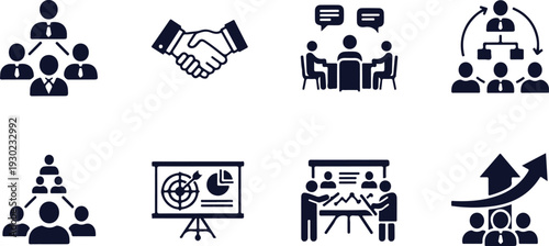 Set of business organization and teamwork icons featuring hierarchy structure handshake meetings and presentations on transparent background