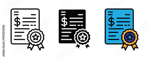 Financial certificate and dollar document icon set. Bank guarantee, investment award, and monetary contract symbol for business, finance, and success design. Vector Illustration.