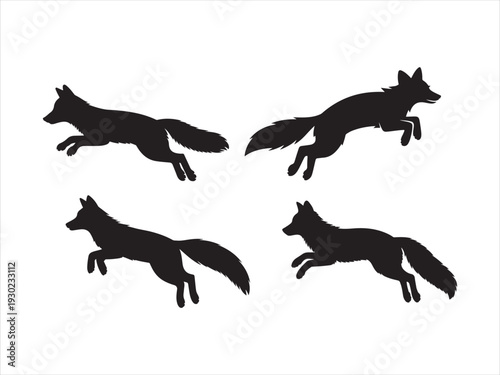 Black silhouette vector foxes running and jumping illustration