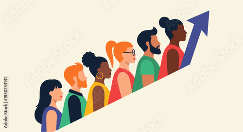 Diverse group of people ascending an upward-sloping arrow, symbolizing progress, growth, career development, and collective achievement in a modern business environment.