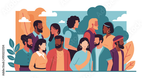 Diverse group of people from various backgrounds standing together, symbolizing unity, community, and global connection in a modern flat design illustration.