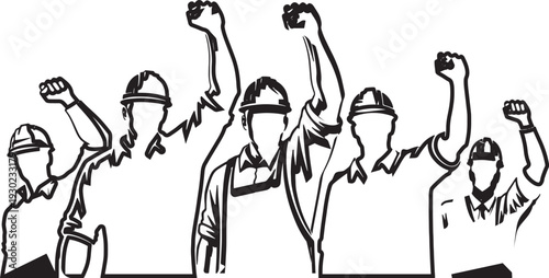 Black and White Silhouette of Industrial Workers Raising Fists in Solidarity
