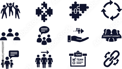 Set of diverse teamwork and leadership concept icons featuring people collaboration and guidance symbols isolated on transparent background