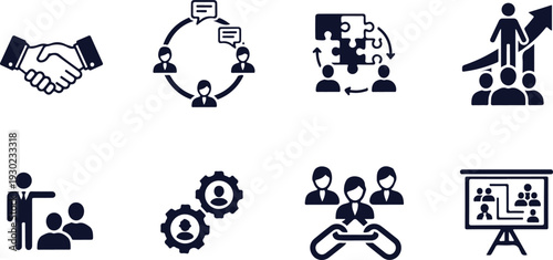 Set of eight business and teamwork icons featuring handshake collaboration communication and teamwork concepts isolated on transparent background