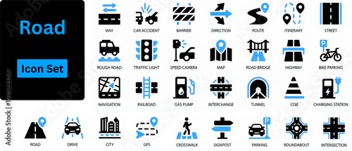 Road solid icon set contains street, highway, traffic light, signpost, directions, parking, route, GPS, drive, crosswalk, intersection and roundabout 