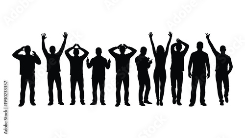 A group of people standing in a row with their hands raised isolated on white background, Vector