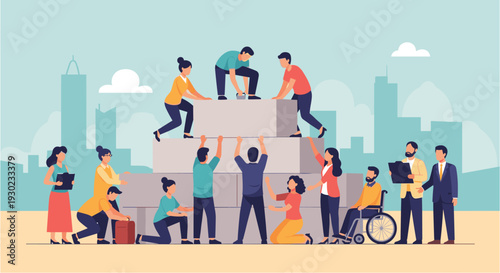 Diverse group of people collaboratively building a pyramid of blocks, symbolizing teamwork, unity, and community development against a city skyline.