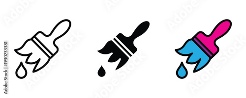 Paint brush icon set with drop. Artist tool, painting equipment, and renovation symbol for creative design, home decor, and DIY project. Vector Illustration.