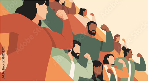 Diverse group of people from various backgrounds and ethnicities raising their fists in a powerful display of unity and strength, advocating for social justice and equality.