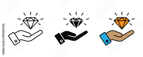 Hand holding glowing diamond icon set. Luxury value, premium quality, and success symbol for jewelry, wealth, and precious asset design. Vector Illustration.