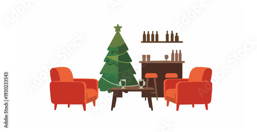 Cozy Christmas Interior with Tree Armchairs and Mulled Wine Cartoon Flat Vector
