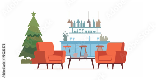 Cozy Christmas Interior with Tree Armchairs and Mulled Wine Cartoon Flat Vector