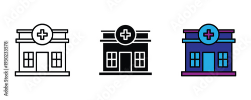 Hospital and clinic building icon set. Healthcare center, medical facility, and pharmacy symbol for emergency and health service design. Vector Illustration.