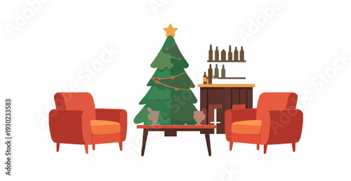 Cozy Christmas Interior with Tree Armchairs and Mulled Wine Cartoon Flat Vector