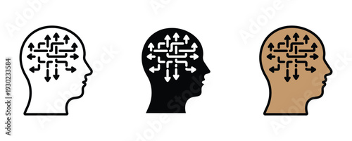 Human head with complex arrows icon set. Decision making, mental processing, and strategic thinking symbol for psychology, logic, and brain research design. Vector Illustration.