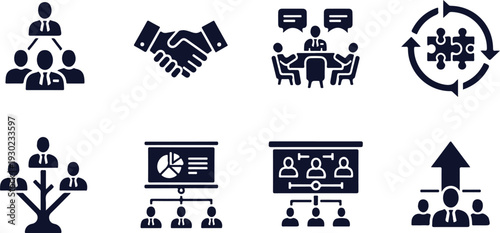Set of eight business organization and teamwork icons featuring hierarchy charts handshakes meetings and growth concepts isolated on transparent background
