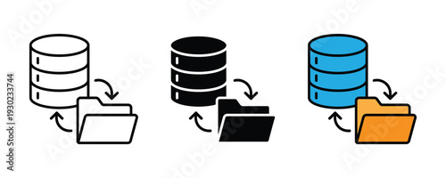 Database and folder synchronization icon set. Data backup, cloud storage exchange, and server file management symbol for technology design. Vector Illustration.