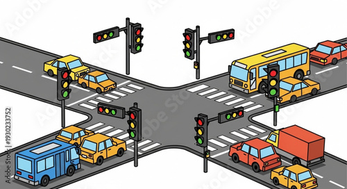 Busy City Road Intersection with Traffic.