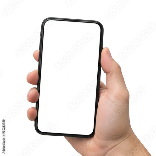 Hand holding blank smartphone isolated on transparent background