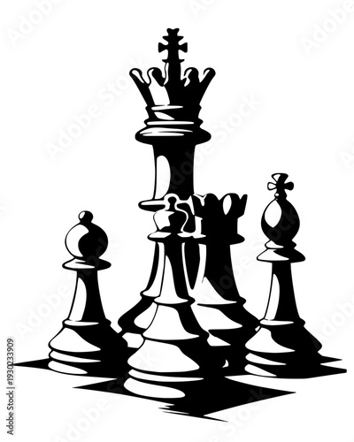High-contrast vector silhouette of chess pieces including the king, queen, bishop, and pawns. Concept of strategic thinking, competition, leadership, and logic on a plain background.