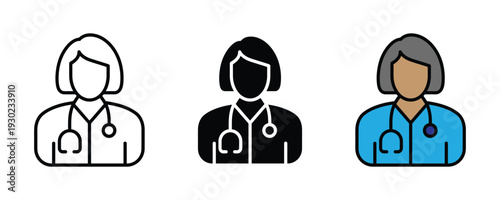 Female doctor icon set with stethoscope. Medical professional, healthcare worker, and physician symbol for clinic and hospital design. Vector Illustration.