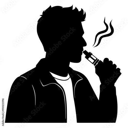 Vector silhouette profile of a young man using an electronic cigarette. Modern illustration of a male vaper with a smoke cloud, representing alternative smoking and electronic device habits.
