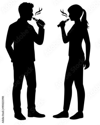 Silhouette of a man and woman standing and using electronic cigarettes. Modern vector illustration of people vaping with clouds of vapor, representing lifestyle, habit, and alternative smoking.